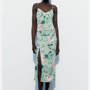Zara. linen blend floral print midi dress. size small